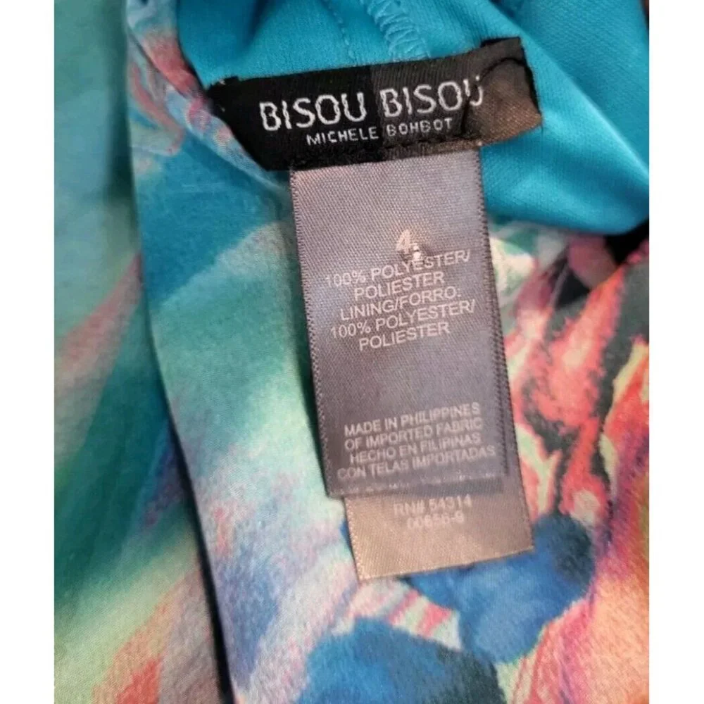 Fairycore Blue Green Chiffon Abstract Floral One Flared Sleeve Flowy Dress Sz 4 - Picture 7 of 8